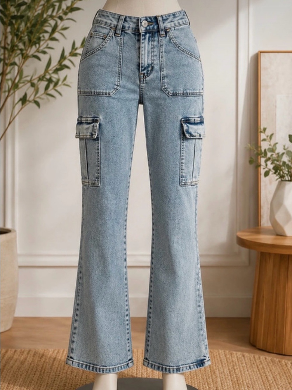 Light Wash Cargo Flare Jeans for Women